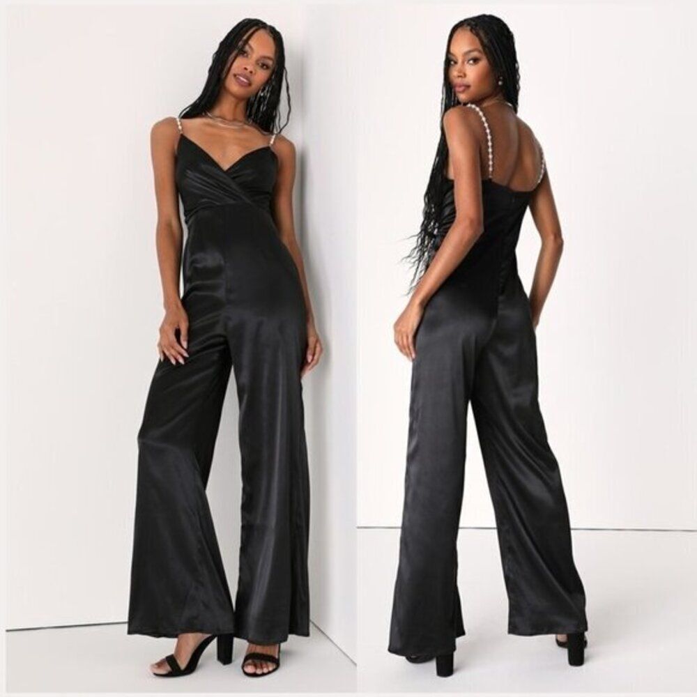 Lulu's Women's Black Satin Pearl‎ Strap Surplice Jumpsuit Formal whimsy Black